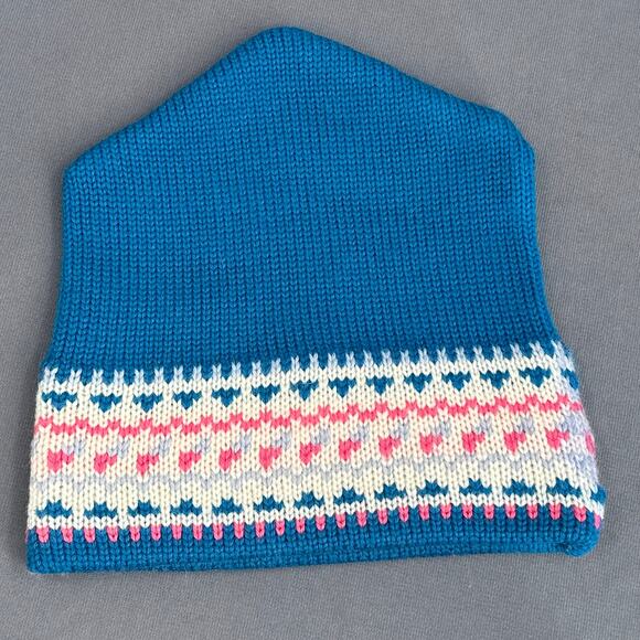 VTG MadHatter Wool Knit Beanie Hat Blue Pink Fair Isle Heart Canada Retro 80s OS - Picture 11 of 16